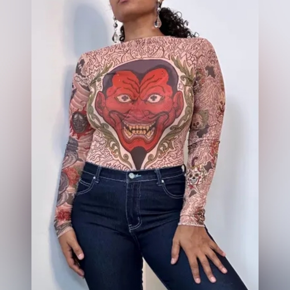 Tattoo Graphic Long Sleeve See Thru Shirt Top Unisex Y2K small-medium